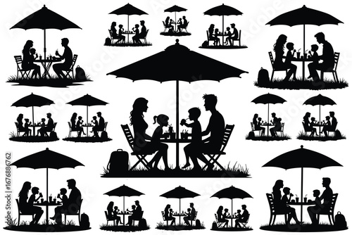 Silhouettes of families dining outdoors under umbrellas