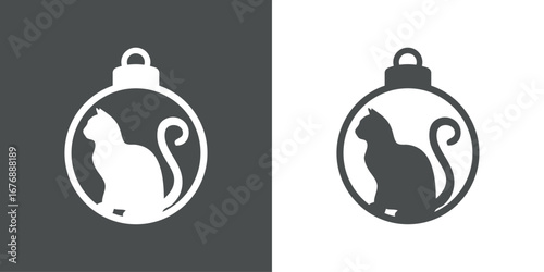 Tiempo de Navidad. Logo con silueta de bola de navidad con gato sentado para tarjetas y felicitaciones 