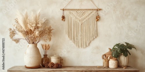 A rustic and inviting still life arrangement features a delicate macrame wall hanging displayed on a weathered wooden shelf. The wall hanging, crafted with intricate white and beige crochet,