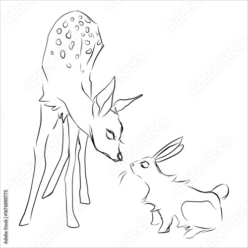 A young deer and a baby rabbit get acquainted, sniff and study each other. Friendship. Cute funny hand-drawn illustration. Vector. Simple, line art, black and white. Design for stickers, pins, prints