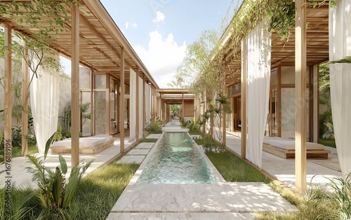Serene courtyard with reflecting pool, wooden pavilions, and flowing white curtains