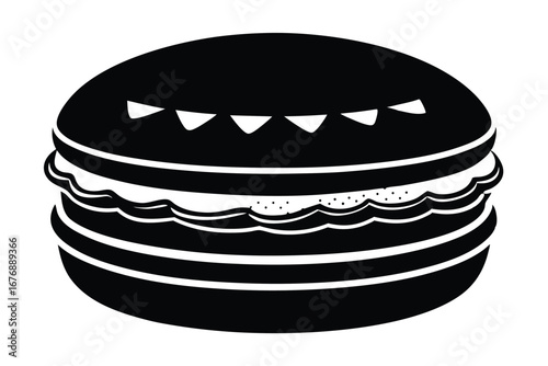 Stylized Macaron Icon with Topping and Decorative Elements in Black and White
