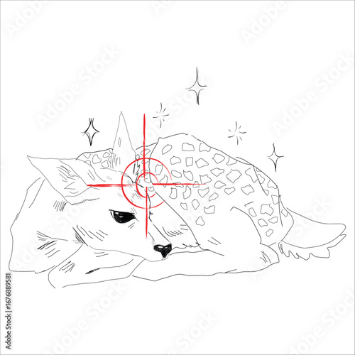 Baby deer lying down, under gunpoint. Murder of an innocent. Melancholic symbolic illustration. Line Art. Vector hand drawn illustration. Tattoo sketch, design of prints for clothes, sketchbooks, pins