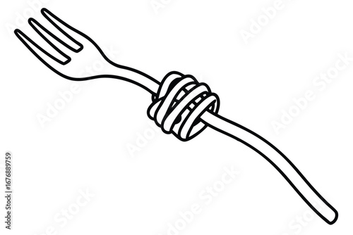 Conceptual Illustration Bent Metal Fork with a Knot Design in Black and White