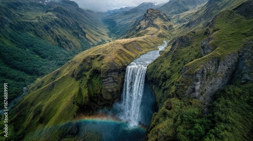 Majestic Drone Shot of Skgafoss Waterfall, Iceland A Stunning Masterpiece for Marketing and Travel Projects, Evoking a Sense of Awe and Tranquility.