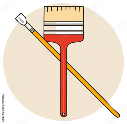 Cartoon illustration of paint brush and paintbrush crossing over a neutral backdrop