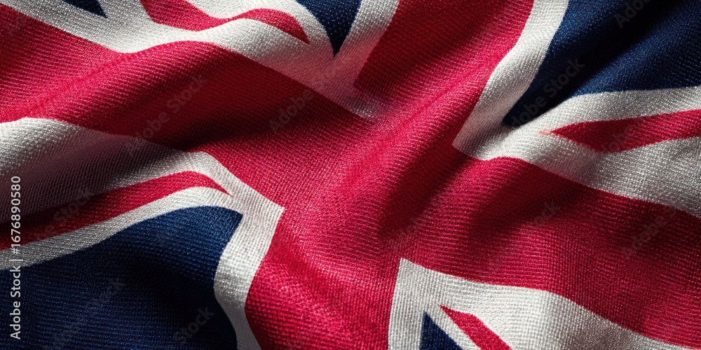 Fototapeta premium A close-up shot of the Union Jack flag billowing in the wind. The fabric is tightly woven with vibrant red, white, and blue stripes, creating a dynamic and textured surface.