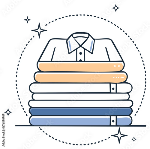 Clean folded clothes stack with sparkling effect icon