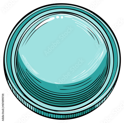 Isolated teal glass jar lid with detailed etching illustration