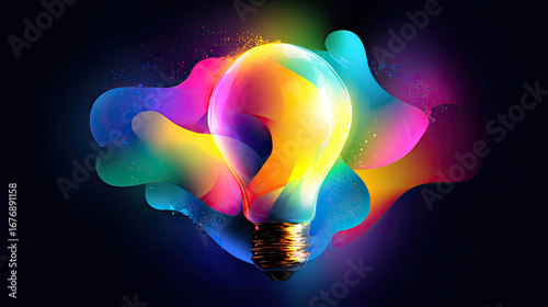 Impactful lightbulb eureka moment explosion of paint energy concept. Colorful light bulb design with vibrant abstract waves surrounding it.