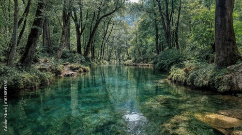 Stunning, Ushaped Lake Surrounded by Ancient Forest and Stylized Rocks Serene Plitvice Landscape in Croatia, Perfect for Tranquil Projects or Lifestyle Branding.
