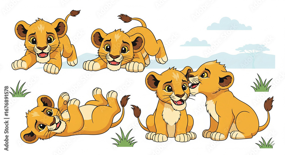 Obraz premium Group of Cute Playful Lion Cubs Interacting and Lying on Grass in an African Savanna Landscape