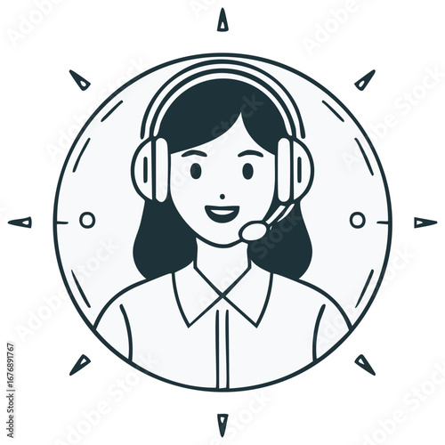 Smiling female customer support agent with headset in circular frame and radiating lines
