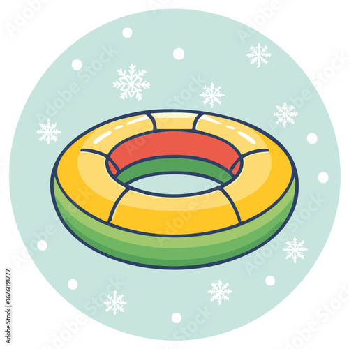 Colorful inflatable snow tube for winter sledding fun with falling snowflakes vector illustration