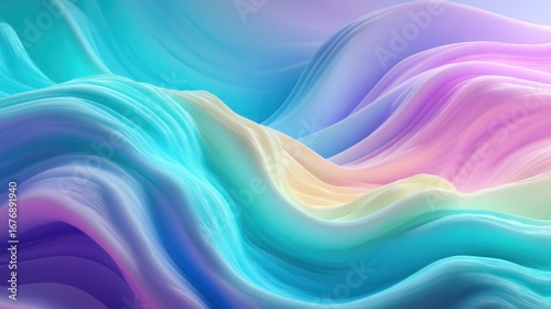 A vibrant, abstract image showcases flowing, undulating waves of color that blend seamlessly from turquoise and teal to pale blue, lavender, and soft pink. The colors transition smoothly
