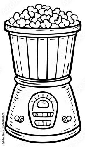 Popcorn maker graphic with full basket, black and white line art illustration.