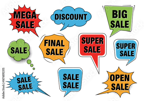 Vector sale stickers, Set of colorful sale labels, Sale speech bubbles, Set of Comic Speech Bubble discount labels