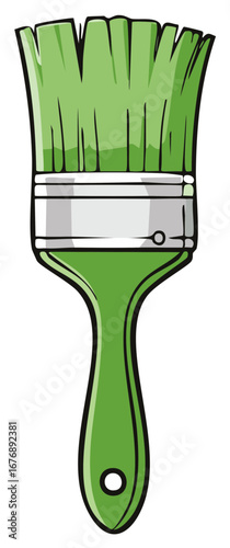 Illustration of a green paintbrush with a silver ferrule and a hole in the handle