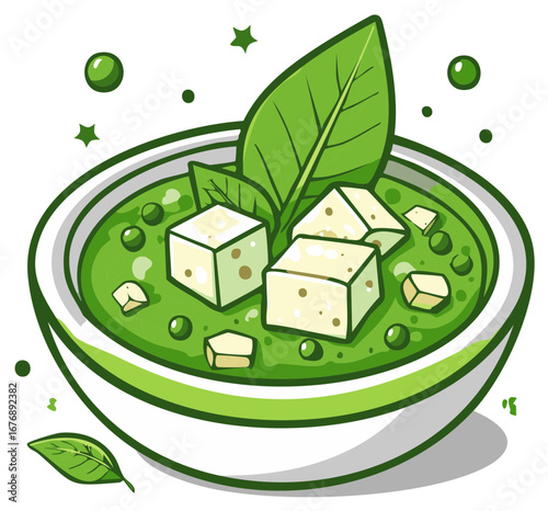 Vibrant Green Soup Illustration with Paneer or Tofu Cubes and Fresh Herb Garnish in a White Bowl