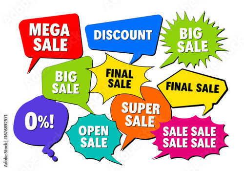 Vector sale stickers, Set of colorful sale labels, Sale speech bubbles, Set of Comic Speech Bubble discount labels