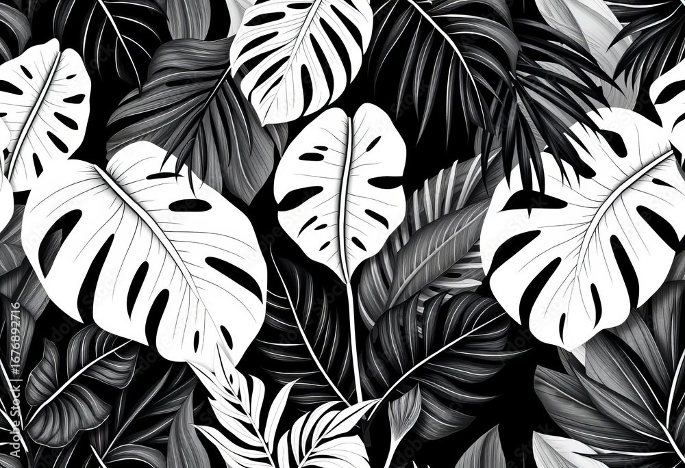 Black & white vector seamless wallpaper patterns featuring monstera and palm leaves, geometric, vector Black & white vector seamless wallpaper patterns featuring monstera and palm leaves, geometric, vector