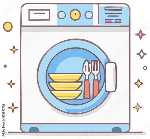 Dishwasher with Dishes and Cutlery, Home Appliance for Washing Dishes, Cartoonish Style, Kitchen Illustration