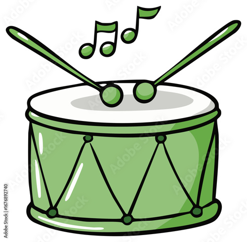 Cartoon drum with beaters and musical notes floating above