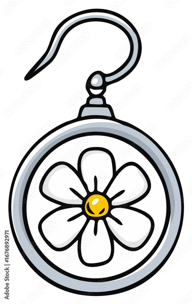 Fototapeta premium Cartoon daisy flower earring with silver hook and round frame illustration