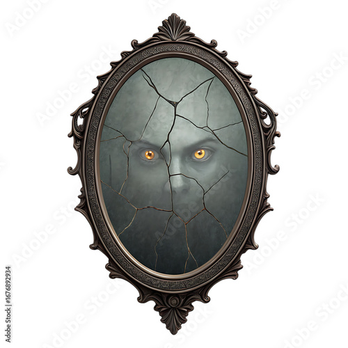 Creepy cracked mirror with glowing eyes isolated on transparent background
