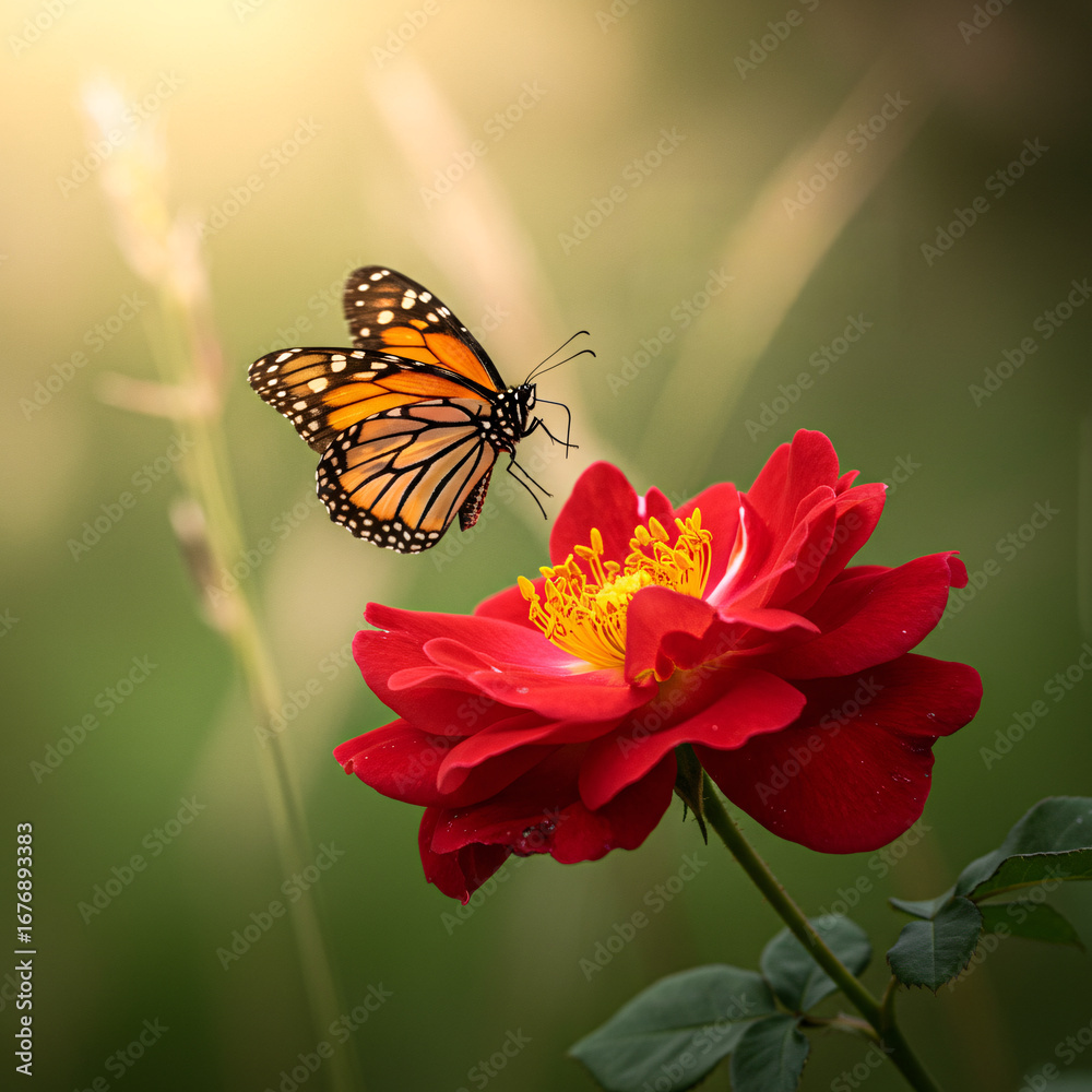 Obraz premium A vibrant orange and black butterfly with beautiful wings rests on a yellow flower in a summer garden