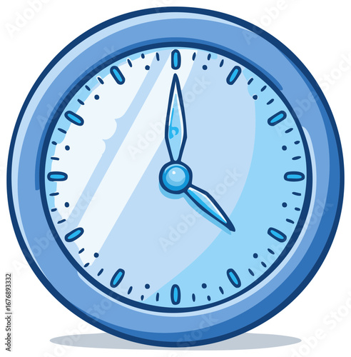 Cartoon style blue wall clock with hands showing time round retro look