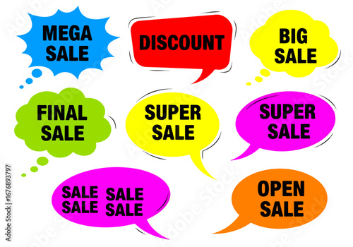 Lettering omg, sale, like, best offer, price. Set comics book balloon. Bubble icon speech phrase. Cartoon exclusive font label tag expression. Comic text sound effects. Sounds vector illustration.