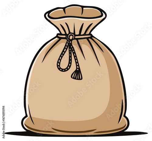Cartoon style brown burlap sack tied with rope full of money gold or goods isolated