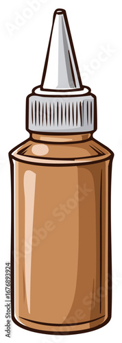 Drawing of a brown liquid dispensed from a narrow tipped bottle with a silver cap