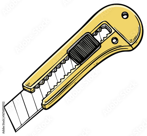Cartoon style yellow box cutter tool, stationery knife with sharp blades