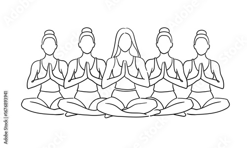 5 Woman sitting in yoga pose with palms folded at chest level, continuous line art isolated on white background. Relax line art drawing. Vector illustration	