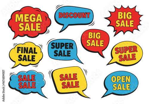 Set of flat speech bubble shaped banners, price tags, stickers, badges. Vector illustration.Eps 10