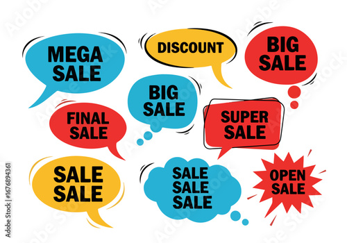 Vector set of comic speech bubbles with sale phrases. Discount card collection: Special Offer, Best Price etc. Hand drawn colorful illustrations of labels and logos.