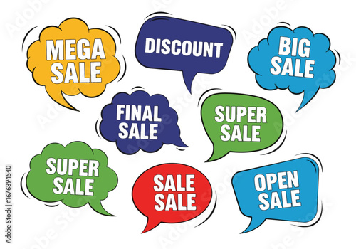 Vector set of comic speech bubbles with sale phrases. Discount card collection: Special Offer, Best Price etc. Hand drawn colorful illustrations of labels and logos.