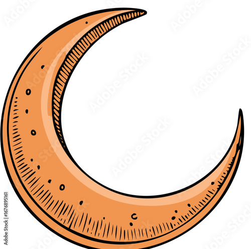 Hand drawn orange crescent moon illustration with craters in a sketch style
