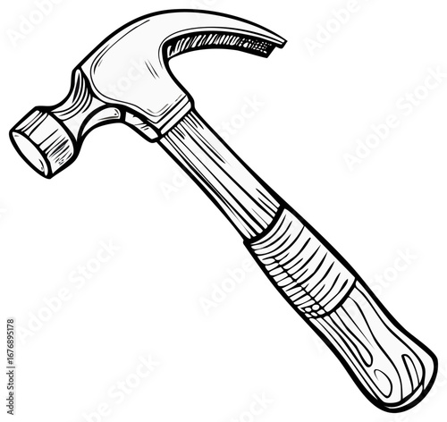 Black and white drawing of a claw hammer with a wooden handle and metal head
