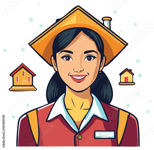 Smiling woman with house roof hat representing real estate and home services