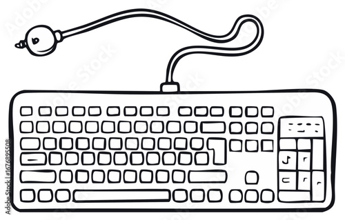 Computer Keyboard Cartoon Graphic Drawing Vector Illustration, Technology Equipment, Line art, doodle, sketch