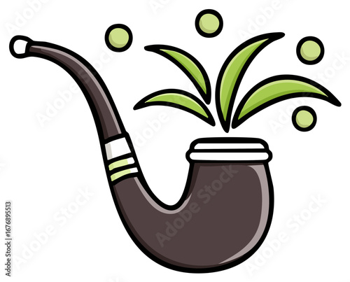 Smoking Pipe Icon with Green Leaves and Circles, Cartoon Illustration