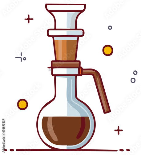 Vibrant cartoon illustration of a coffee percolator or a chemistry laboratory flask filled with a brown beverage