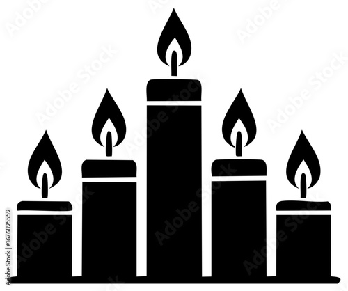 Set of five glowing candles arranged in a row illustration