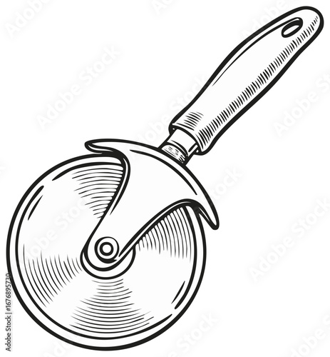 Vintage pizza cutter wheel illustration in an engraved sketch style