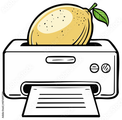 Lemon fruit in an office printer printing a document comic illustration