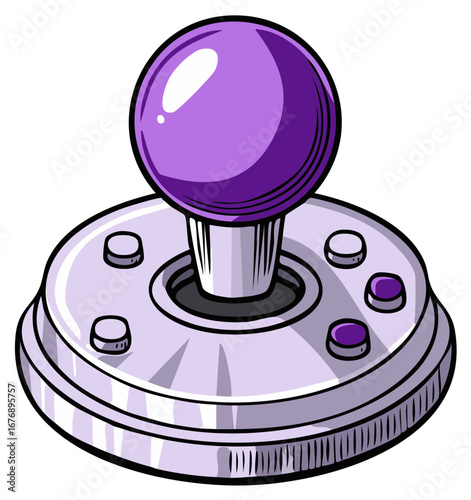 Retro Joystick Illustration Featuring Purple Ball, Depicting Classic Gaming Input Control