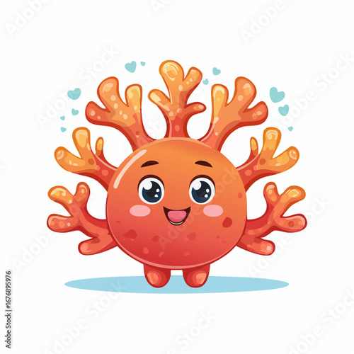 Adorable smiling coral mascot in a cute kawaii style. Cheerful underwater sea life character with little hearts, isolated on a white background